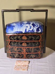 Asian Oriental Lacquer Wedding Basket with Blue and White Pottery Shard
