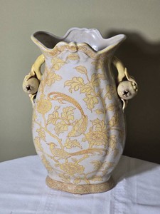 Yellow Bird and Floral Handled Floor Vase
