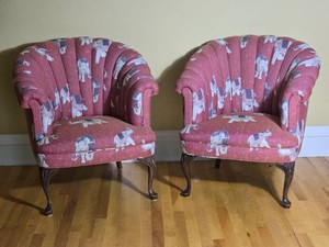 Pair of Coral Elephant Print Upholstered Barrel Chairs