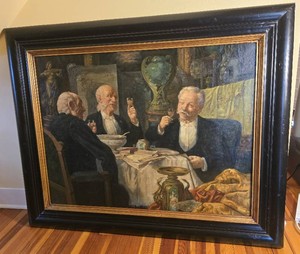 Framed European Genre Painting of Gentlemen Toasting