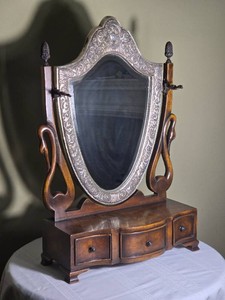 Ornate Silver Plate Swan Form Tabletop Cheval Dressing Mirror with Drawers
