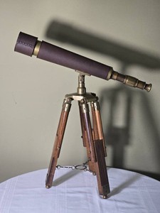 Brass and Wood Tripod Telescope with Leather Wrapped Tube