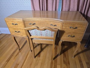 Vintage Blonde Wood Bow Front Vanity Desk with Chair