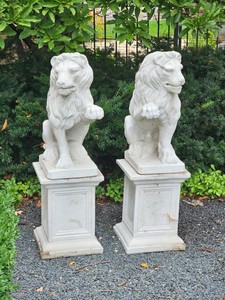 Stone Lion Statues on Pedestals, pair