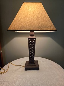 Rustic Iron Lattice Column Table Lamp with Parchment Style Shade
