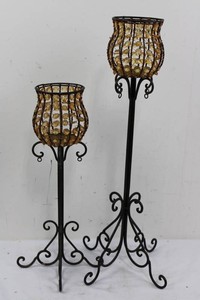 Wrought-Iron Beaded Candle Holders With Scrollwork Bases (Lot of 2)