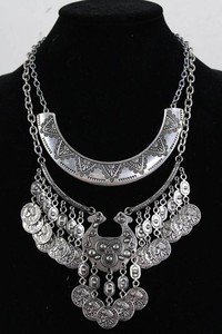 Silver-Tone Layered Statement Necklace Set With French Coin-Style Charms