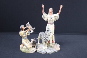 Native American Woman and Wolf Figurine Grouping