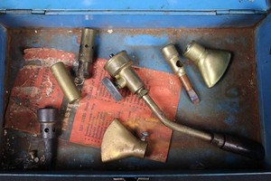 Vintage Blue Metal Toolbox With Assorted Torch Attachments