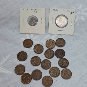 1914 Canadian 5c, 1936 Canadian 5c,  AU w.16 early Canadian Pennies