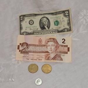 1986 Canadian $2, 1976 US $2 Bill and Canadian $1 Coins