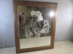 (A-4) Vintage Wood Framed Cowboy Kid and Cat Etched Mirror 19 58 x 23 12