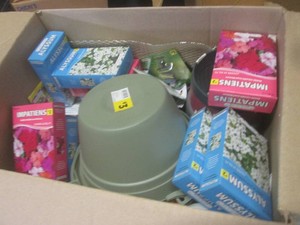 (G-1) Box Full of Assorted YardGarden Seeds Planters Etc