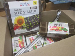 (G-1) Big Box Full of Seed Starters and Metal Flag Hooks
