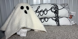 Lot of Halloween Pillows Two BOO Accent Pillows (34in x 9in) & One Ghost Throw Pillow (15in x 9in)