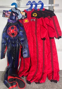 Lot of 4 Kids Halloween Costumes (Size 78) - 3 Racing Suits & 1 Spider-Man Miles Morales