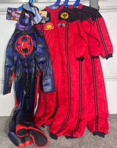 Lot of 4 Kids Halloween Costumes (Size 78) - 3 Racing Suits & 1 Spider-Man Miles Morales