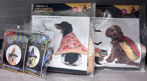 Lot of DogCat Halloween Costumes Pizza, Hotdog, Candy Corn Hat, Witch Hat with Hair (Size S - For Pets 10-20lbs)