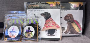 Lot of DogCat Halloween Costumes Pizza, Hotdog, Candy Corn Hat, Witch Hat with Hair (Size S - For Pets 10-20lbs)