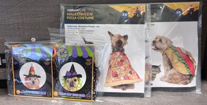 Lot of DogCat Halloween Costumes Pizza, Hotdog, Candy Corn Hat, Witch Hat with Hair (Size XS - For Pets 5-10lbs)