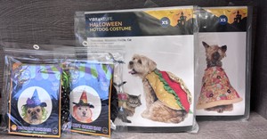 Lot of DogCat Halloween Costumes Pizza, Hotdog, Candy Corn Hat, Witch Hat with Hair (Size XS - For Pets 5-10lbs)