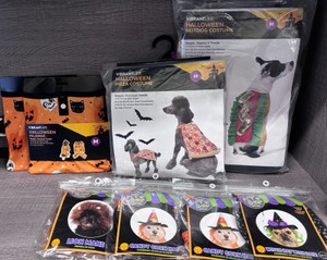 Lot of Dog Halloween Costumes Pizza, Hotdog, 2xCandy Corn Hat, Witch Hat with Hair, Lion Mane & 2xHalloween Pajamas (Size M - For Pets 20-50lbs)