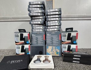 Large Lot of Tech Accessories Wallets, AirTag Key Chains, Phone Stands, Corkscrews