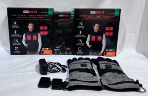 Lot of Heated Clothing 2-32 Degrees Rechargeable Heated Vests, 1 Pair 32 Degrees Rechargeable Battery Powered Heated Socks, 1 Pair Heated Gloves - Size XL