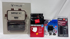 Lot of Miscellaneous 1 True Dav Support Kit, 2 Packs Hanes Face Masks, Phone Holder Mount, Pepper Gel