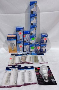 Large Lot of Lights Mix of Halogen Lights, 300W Incandescent Lights, 200W Frost Lights, 150W Clear Lights, 45W Flood Lights, 100W Toughshell Lights, 100W Frost Outdoor Lights