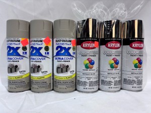 Lot of 3 Painters Touch 2x Spray Paint (Fossil) - Satin Finish & Lot of 3 Krylon Colormaxx Spray Paint & Primer (Metallic Silver)