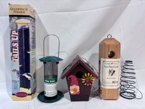 Lot of 5 Birdhouses & Feeders Tails Up Goldfinch Feeder, Petite Green Sunflower Feeder, Gnome Birdhouse, Suet Plug Feeder, Corn Caddy