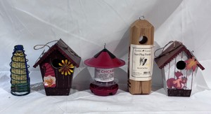 Lot of 5 Birdhouses & Feeders Corn Caddy, Gnome Birdhouse, Chickadee Feeder, Suet Plug Feeder, Squirrel Birdhouse