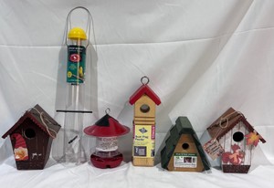 Lot of 6 Birdhouses & Feeders Gnome Birdhouse, Upside Down Feeder, Suet Plug Feeder, Hide-A-Key House, Chickadee Feeder