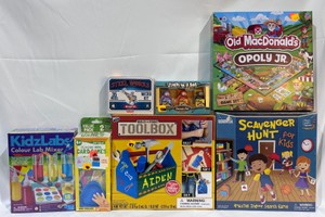 Lot of Kids ToysGames Old MacDonalds Opoly Jr, Scavenger Hunt, Build & Paint Toolbox, Classic Card Games, KidzLabs Colour Lab Mixer, Steel Works Micro Kit, Sloth In a Box