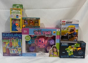Lot of Kids ToysGames Light Fx Dinosaurs, My First Tea Time Play Set, Classic Card Games, Sloth In a Box, Town Construction Building Set, KidzLabs Colour Lab Mixer