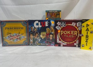 Lot of Games Poker Tiles, Parcheesi, Clue, Sloth In a Box