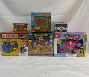 Lot of Kids ToysGames My First Tea Time Play Set, Scavenger Hunt, Build & Paint Toolbox, Barn Animals Block Puzzle, Sloth In a Box, Steel Works Micro Kit