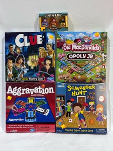 Lot of Kids ToysGames Clue, Aggravation, Old MacDonalds Opoly Jr, Scavenger Hunt, Sloth In a Box