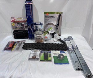 Large Lot of Miscellaneous & Garage Items ACDC Tester, Disconnect Tool, Universal Adapter, Precision Flush Cut Blade, Safety Steps, Drawer Slides, Blade Sharpener, Wood Stain, Tailgate Sawhorse, Fuel Tank Sender, Showerhead, Filter Wrench