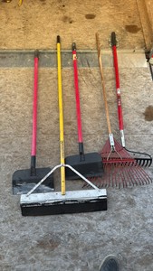 Long-Handled Cleanup & Yard Tools with Push Broom, Rakes & Shovel