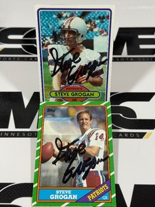 (2) Steve Grogan Auto 1980 and 1986 Topps Vintage Football Cards