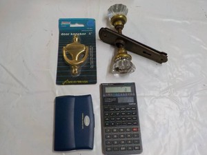 Vintage Glass Door Handles, Door Knocker and Calculators in a Tote