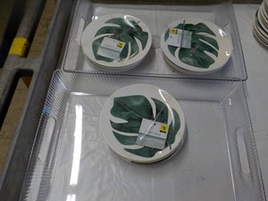 2 Large Plastic Serving Trays and 12 Desert Plates