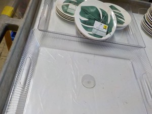 2 Large Plastic Serving Trays and 12 Desert Plates