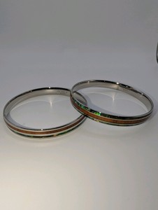 (2) Hawaiian Koa Wood & Abalone Shell Stainless Steel Bangle Bracelets, 316L-8mm,8