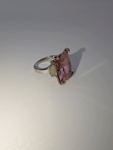 925 Sterling Silver emerald-cut pink stone Ring, size 7.75