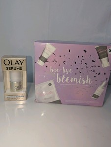 NIB Skincare Products, Olay Serums Pressed Serum Stick (Brightening  B3  Vitamin C) & Bye Bye Blemish Control Kit gift box