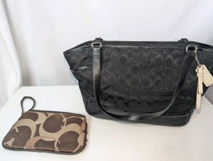 Pair of Rough Condition Coach Bags, Coach Park Signature Carrie Tote Handbag and Coach signature C-logo jacquard canvas mini wristlet pouch