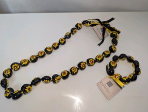 NWT Hawaiian hand-painted yellow hibiscus kukui nut lei and matching bracelet set